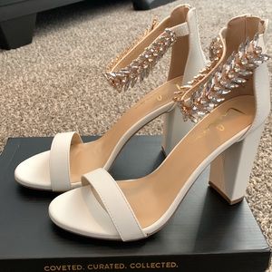 White, block heel with crystal ankle strap